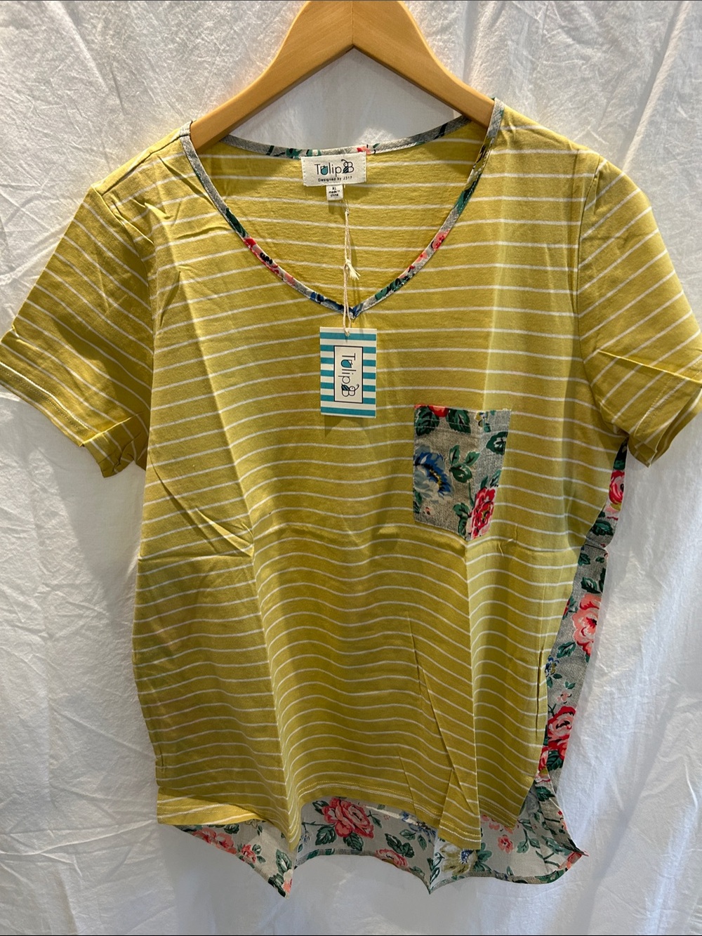 Tulip B Yellow Striped V-Neck Tee with Floral Pocket and Trim